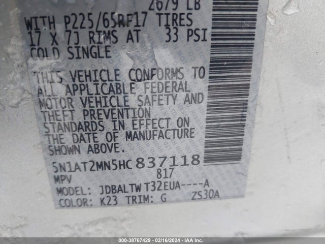 Nissan ROGUE SV 2017 5N1AT2MN5HC837118 Image 9