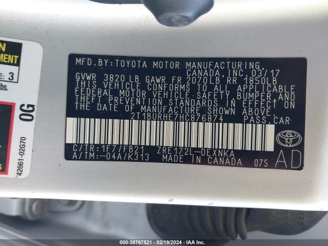 Toyota COROLLA LE 2017 2T1BURHE7HC876874 Image 9