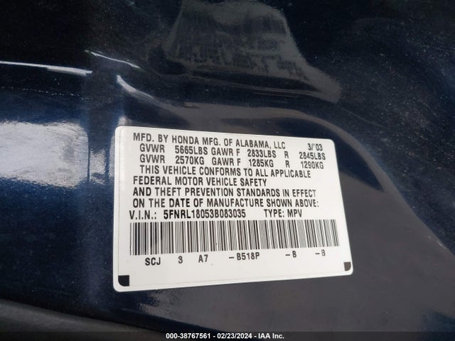2003 HONDA ODYSSEY EX-L VIN: 5FNRL18053B083035