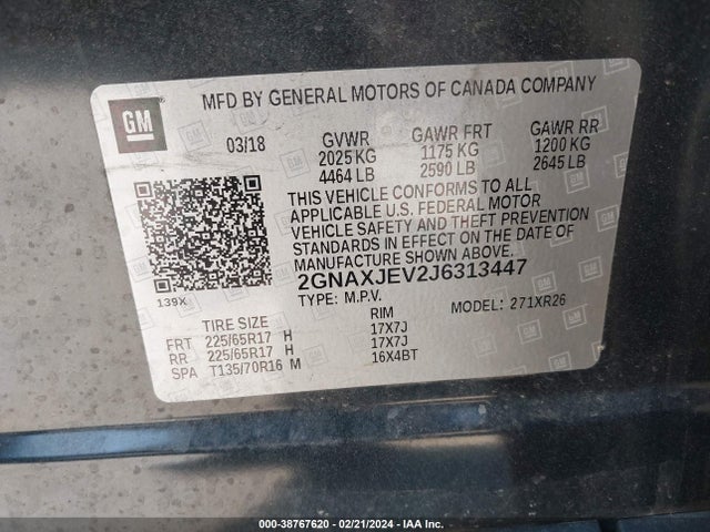 Chevrolet EQUINOX LT 2018 2GNAXJEV2J6313447 Image 9