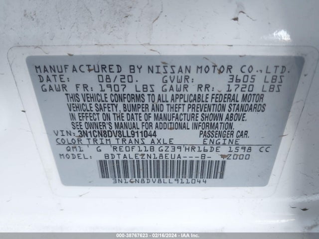 Nissan Versa S Xtronic Cvt 2020 3N1CN8DV8LL911044 Image 9