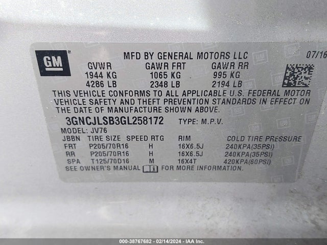 Chevrolet Trax Lt 2016 3GNCJLSB3GL258172 Image 9