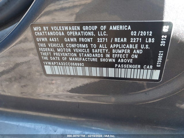 2012 VOLKSWAGEN PASSAT 2.5L S VIN: 1VWAP7A32CC056992
