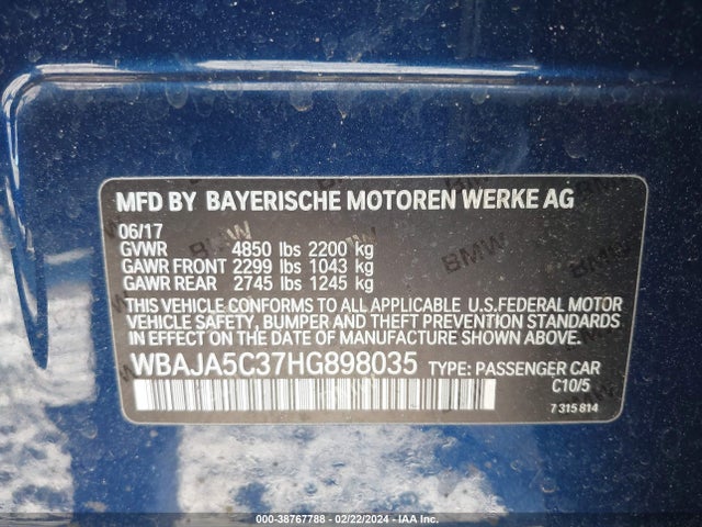 BMW 530I 2017 WBAJA5C37HG898035 Image 9