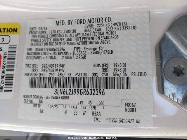 Lincoln MKZ 2016 3LN6L2J99GR632396 Image 9
