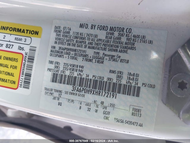 Ford FUSION SE 2017 3FA6P0H9XHR172191 Image 9