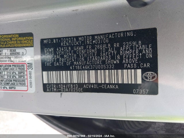 38767869 :رقم المزاد ، 4T1BE46K37U005332 vin ، 2007 Toyota Camry Ce مزاد بيع