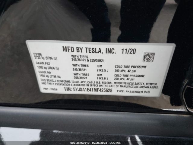 2021 TESLA MODEL S 5YJSA1E41MF425628 Photo 8