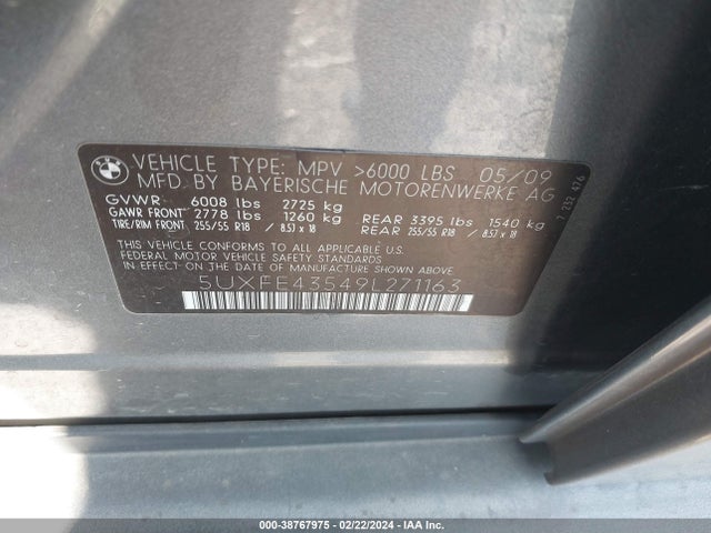 2009 Bmw X5 Xdrive30i მანქანა იყიდება აუქციონზე, vin: 5UXFE43549L271163, აუქციონის ნომერი: 38767975