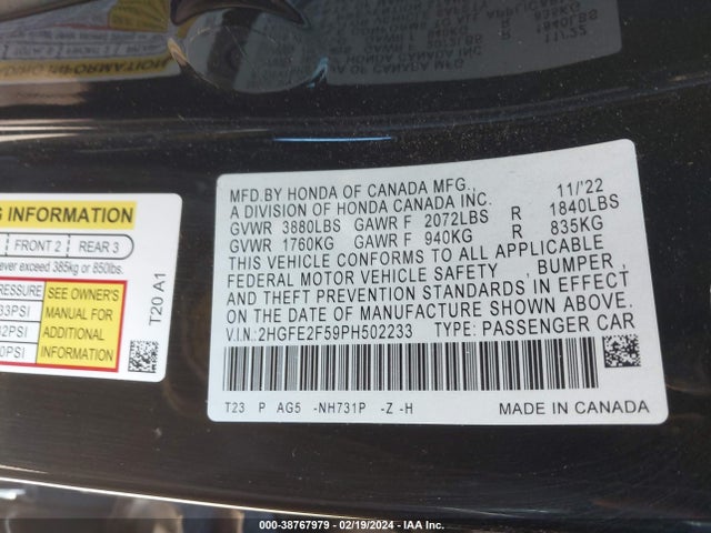 Honda Civic Sport 2023 2HGFE2F59PH502233 Image 9