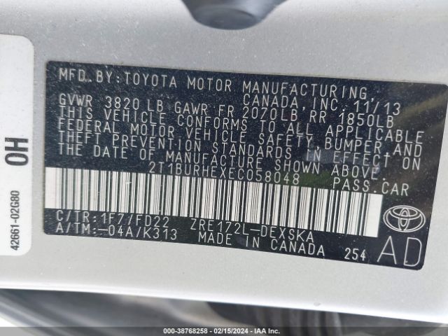 2T1BURHEXEC058048 Toyota Corolla S Plus