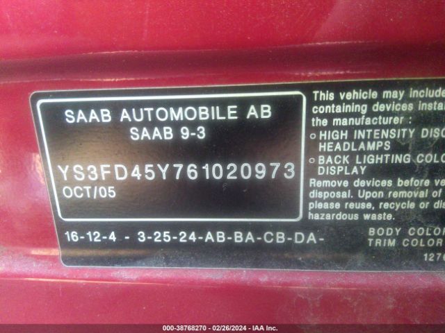 2006 SAAB 9-3 YS3FD45Y761020973 Photo 8
