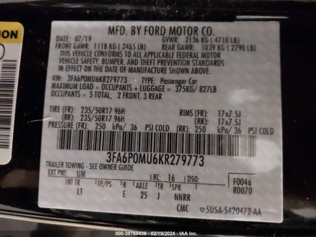 3FA6P0MU6KR279773 Ford Fusion Hybrid Sel