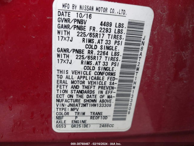 Nissan ROGUE SV 2017 JN8AT2MT1HW133309 Image 9