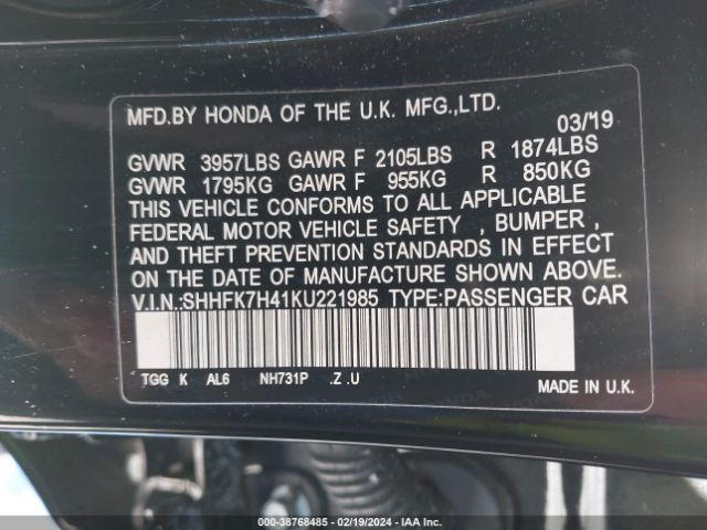 SHHFK7H41KU221985 Honda Civic Sport