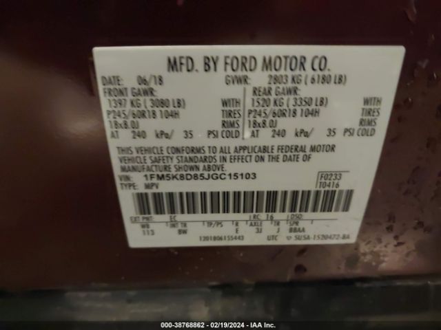 1FM5K8D85JGC15103 Ford EXPLORER XLT