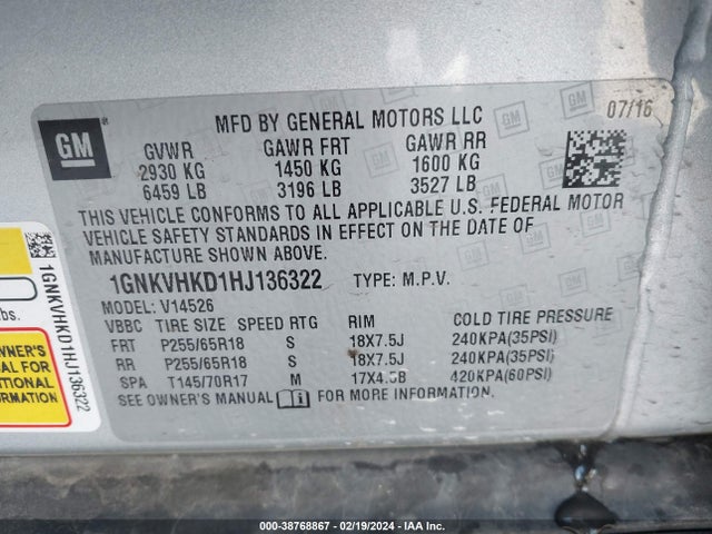Chevrolet Traverse 2lt 2017 1GNKVHKD1HJ136322 Image 9