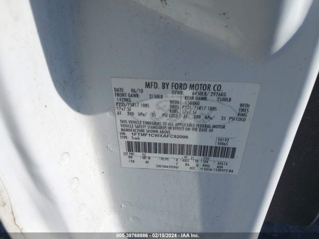 2010 FORD F-150 STX/XL/XLT VIN: 1FTMF1CWXAFC92096