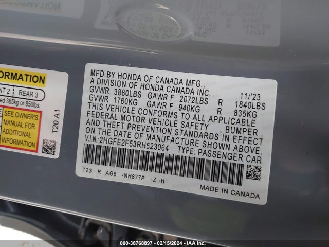 Honda Civic Sport 2024 2HGFE2F53RH523064 Image 9