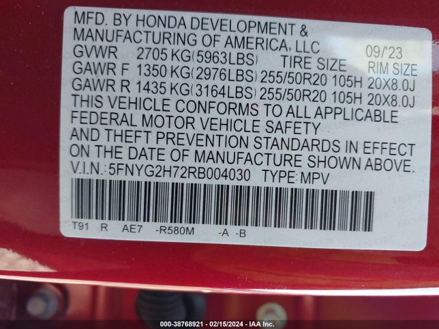 Honda Pilot 2wd Touring 2024 5FNYG2H72RB004030 Image 9