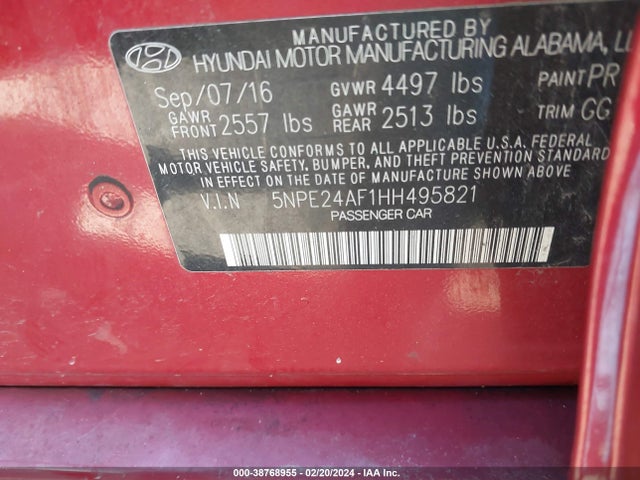 Hyundai Sonata 2017 5NPE24AF1HH495821 Image 9
