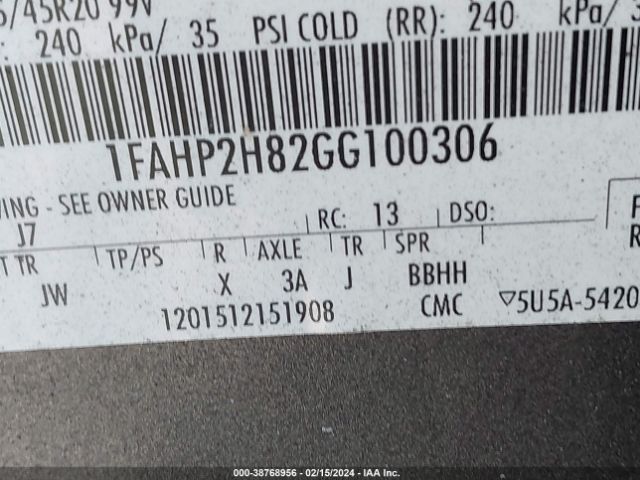 1FAHP2H82GG100306 Ford TAURUS SEL