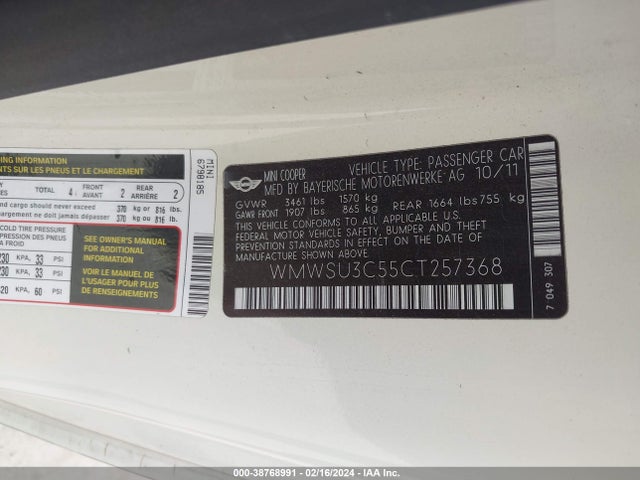 2012 MINI COOPER WMWSU3C55CT257368 Photo 8