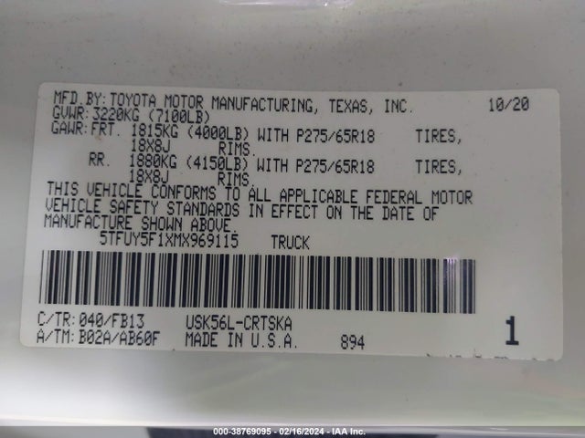 Toyota Tundra Sr5 2021 5TFUY5F1XMX969115 Image 9
