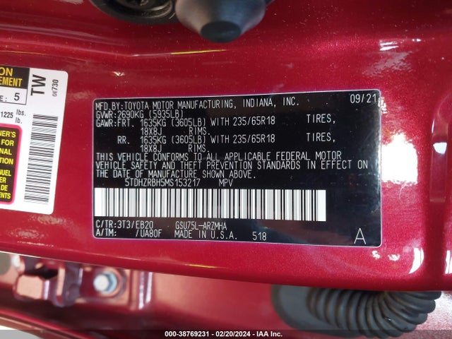Toyota Highlander Xle 2021 5TDHZRBH5MS153217 Image 9