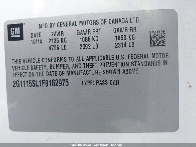 Chevrolet IMPALA 1LT 2015 2G1115SL1F9162975 Image 9