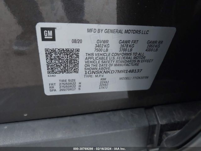 1GNSKNKD7MR148137 Chevrolet Tahoe 4wd Lt