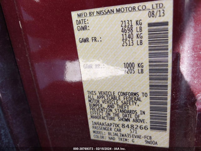 2013 NISSAN MAXIMA 3.5 SV VIN: 1N4AA5AP7DC848266
