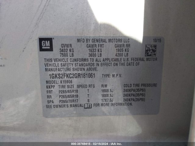 1GKS2FKC2GR181061 GMC Yukon Xl Sle