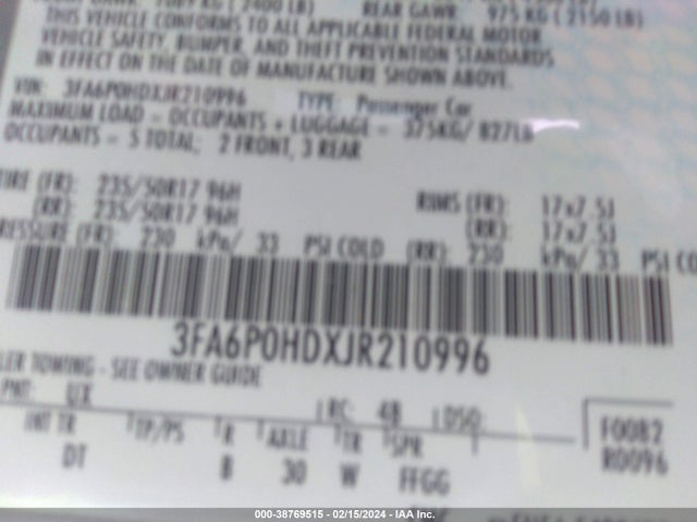 Ford FUSION SE 2018 3FA6P0HDXJR210996 Image 9