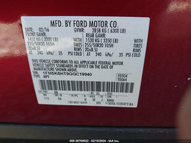 Ford Explorer Platinum 2016 1FM5K8HT9GGC19940 Image 9