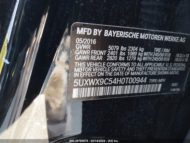 2017 BMW X3 XDRIVE28I VIN: 5UXWX9C54H0T00944