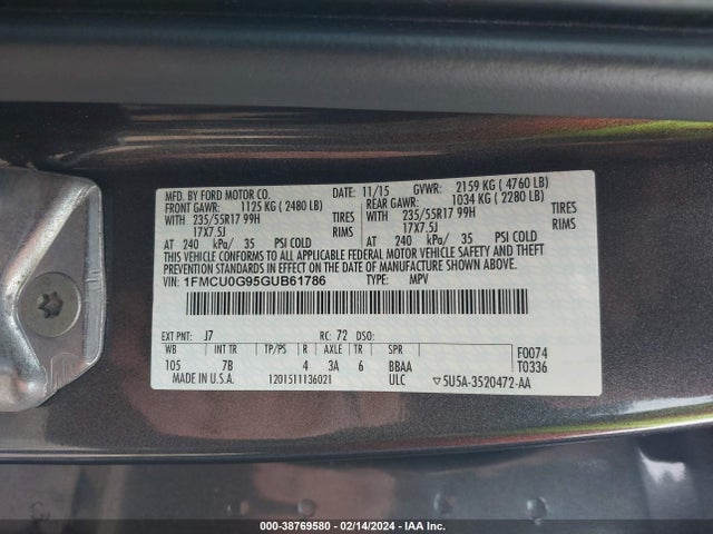Ford ESCAPE SE 2016 1FMCU0G95GUB61786 Image 9