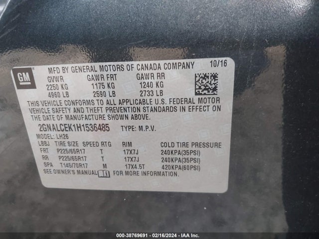 Chevrolet EQUINOX LT 2017 2GNALCEK1H1536485 Image 9