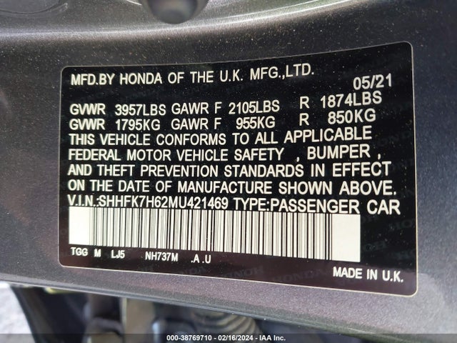 Honda CIVIC EX 2021 SHHFK7H62MU421469 Image 9