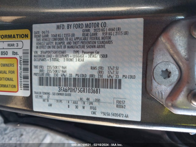 Ford FUSION SE 2016 3FA6P0H75GR103681 Image 9