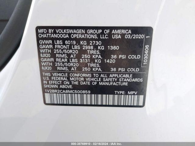 1V2BR2CA8MC500859 Volkswagen Atlas 3.6l V6 Sel