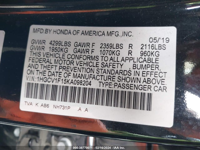 Honda ACCORD LX 2019 1HGCV1F15KA098204 Image 9