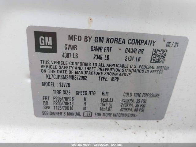 Chevrolet Trax Awd Lt 2021 KL7CJPSM2MB372062 Image 9
