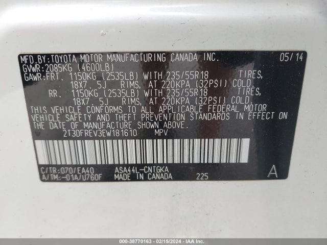 Toyota Rav4 Limited 2014 2T3DFREV3EW181610 Image 9