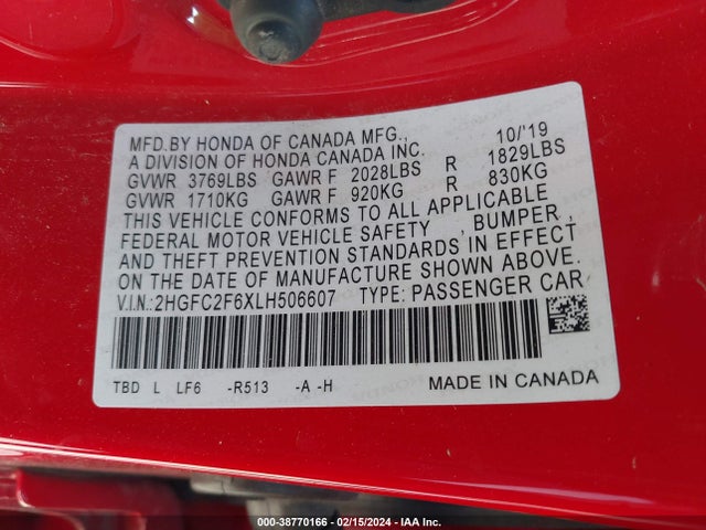 Honda Civic Lx 2020 2HGFC2F6XLH506607 Image 9
