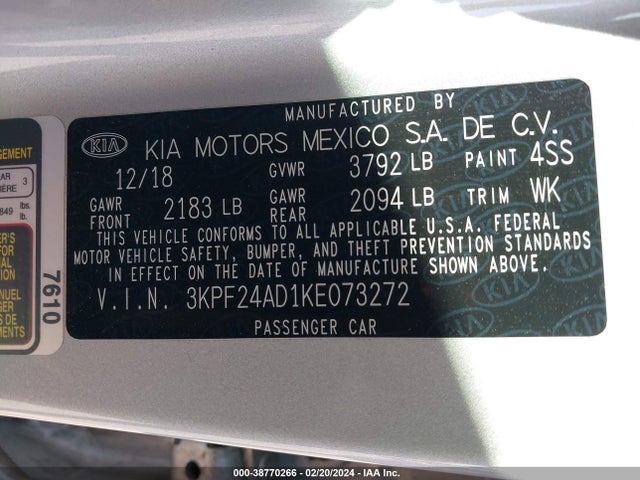 2019 KIA FORTE LXS VIN: 3KPF24AD1KE073272
