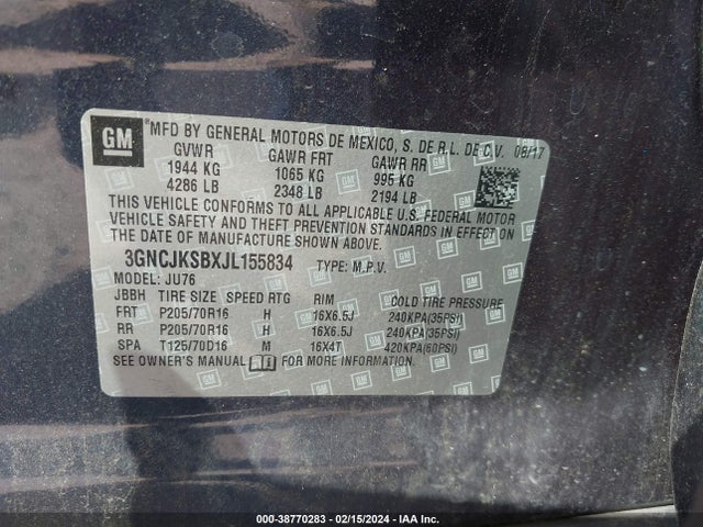 Chevrolet TRAX LS 2018 3GNCJKSBXJL155834 Image 9