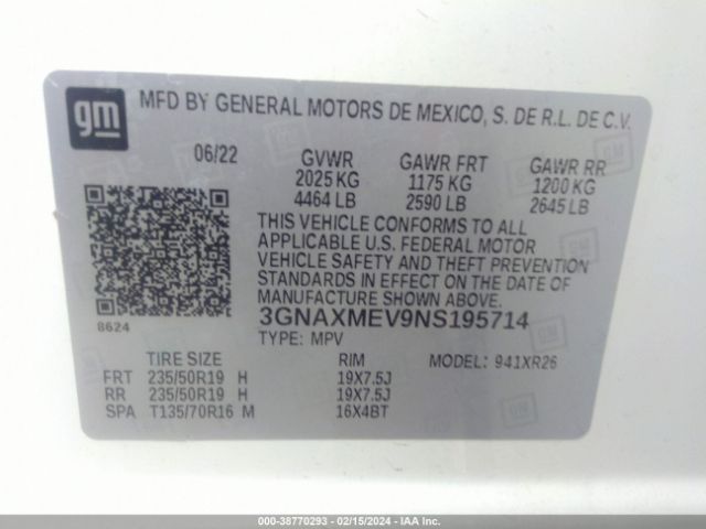 3GNAXMEV9NS195714 Chevrolet Equinox Fwd Rs
