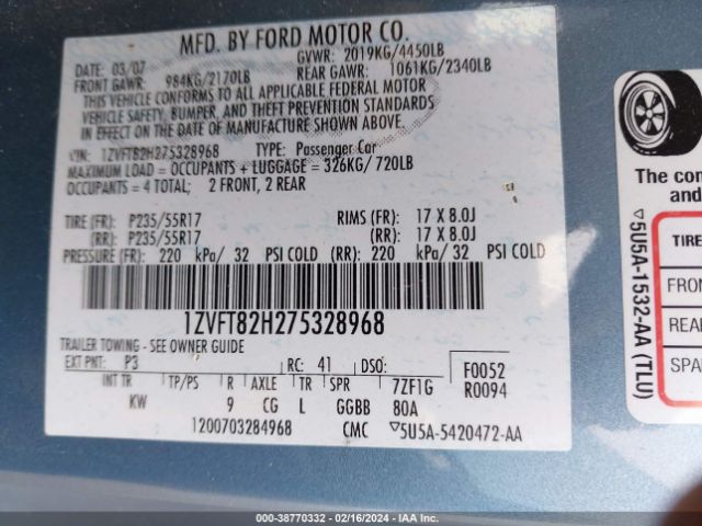 2007 FORD MUSTANG 1ZVFT82H275328968 Photo 8