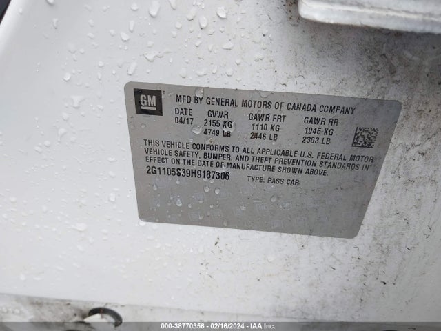Chevrolet IMPALA 1LT 2017 2G1105S39H9187306 Image 9
